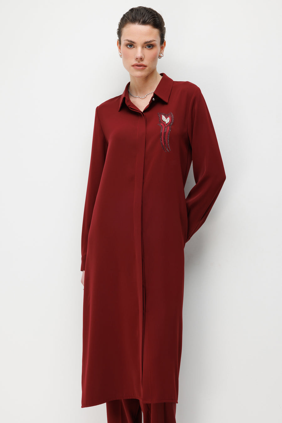 Taş İşlemeli Tunik Bordo