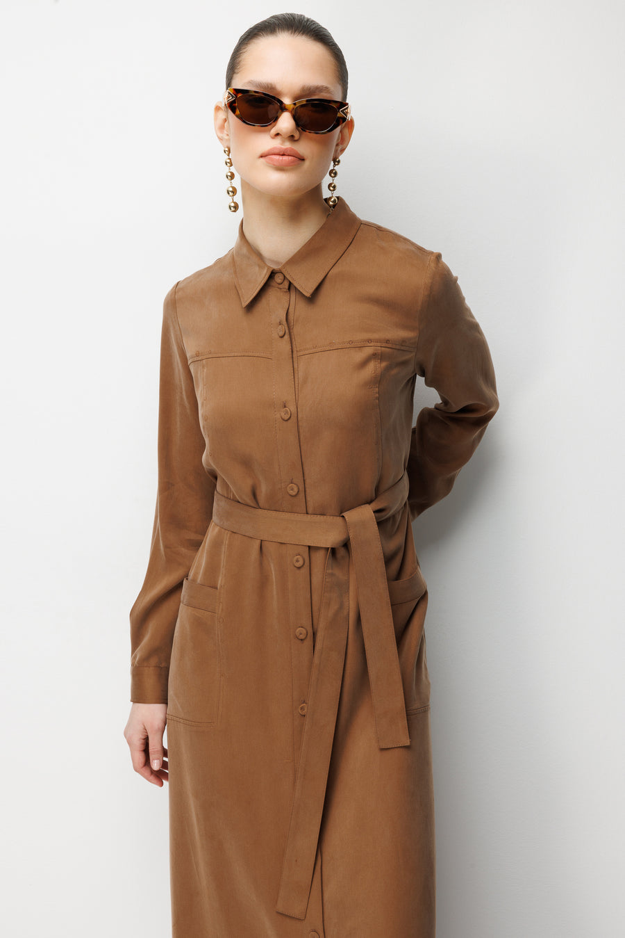 Torba Cepli Kemerli Elbise Camel