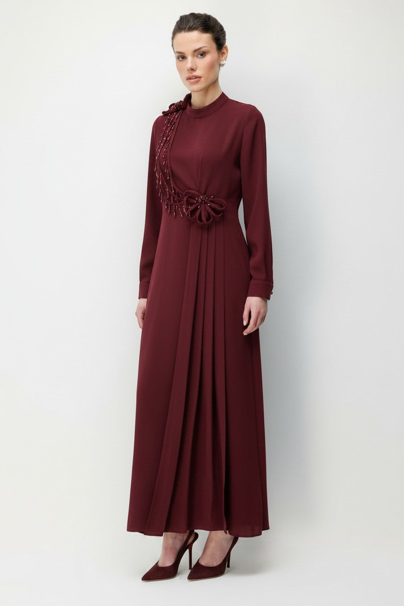 SALLANTI TAŞ BİYELİ ELBİSE BORDO