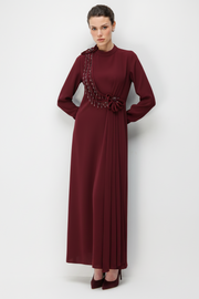 SALLANTI TAŞ BİYELİ ELBİSE BORDO