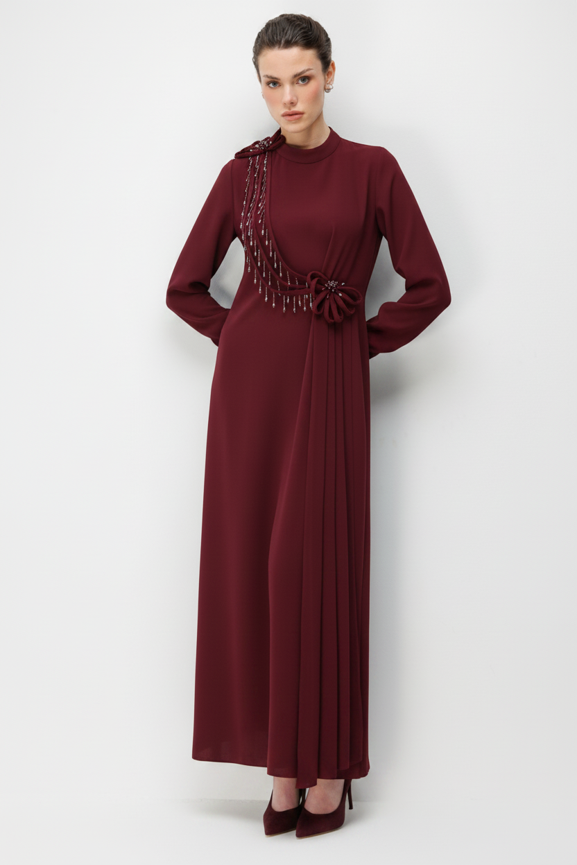 SALLANTI TAŞ BİYELİ ELBİSE BORDO