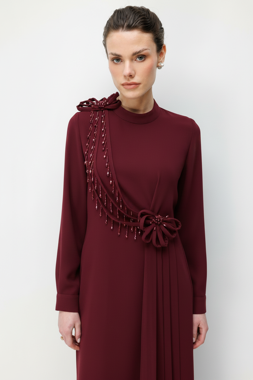 SALLANTI TAŞ BİYELİ ELBİSE BORDO