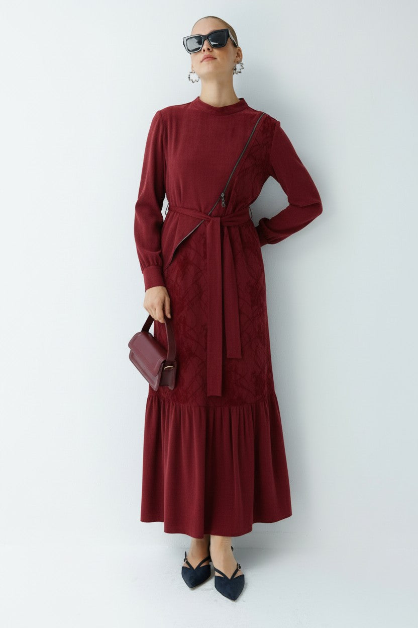 FERMUAR DETAYLI ELBİSE BORDO