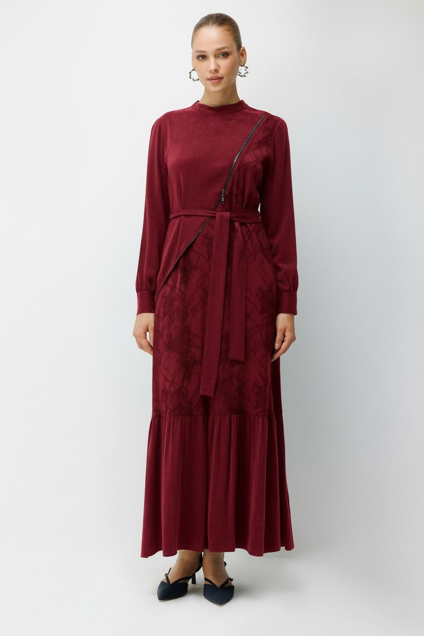 FERMUAR DETAYLI ELBİSE BORDO