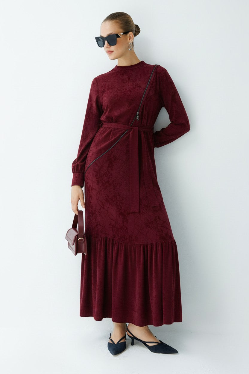 FERMUAR DETAYLI ELBİSE BORDO