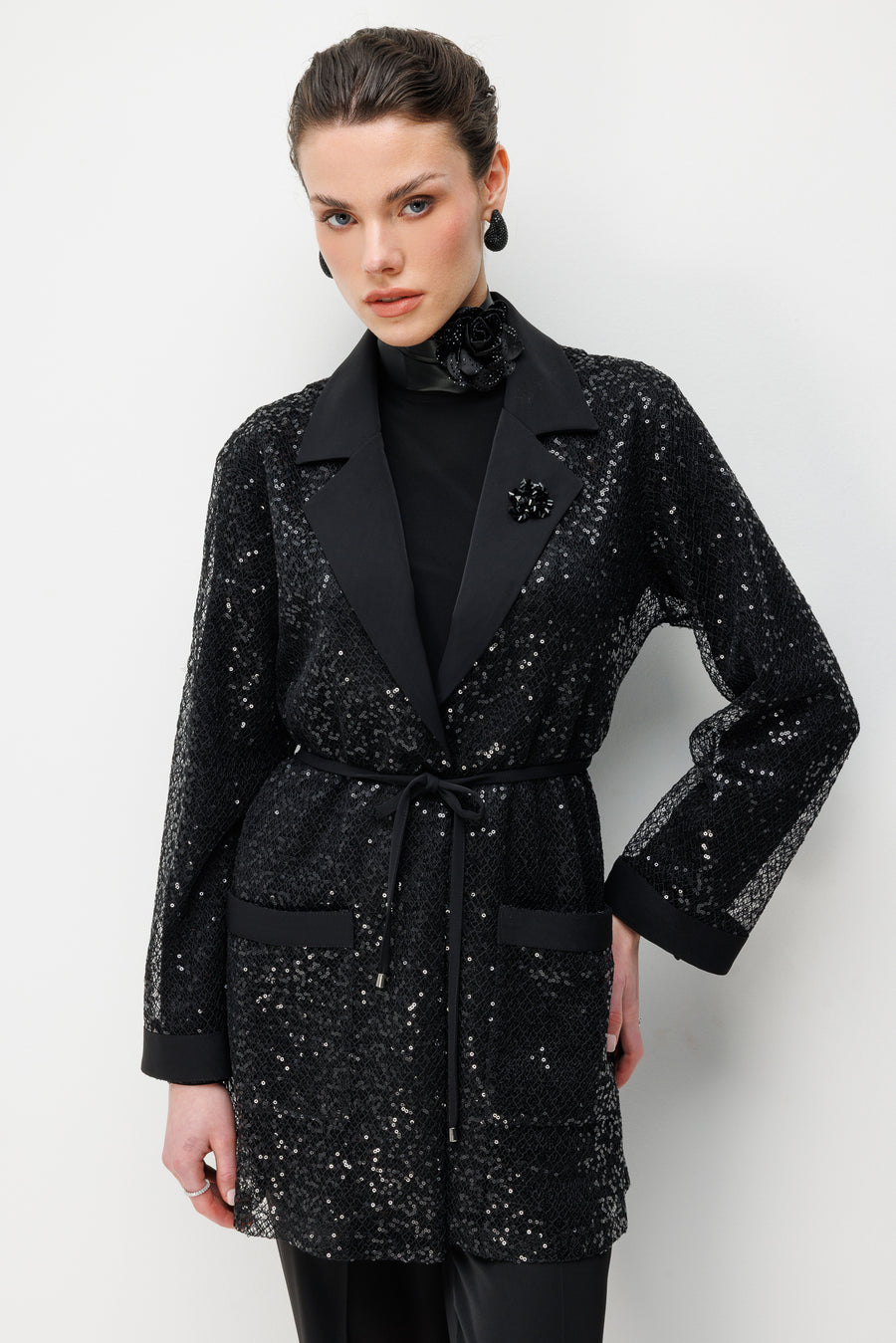 Payetli Dantel Blazer Takım