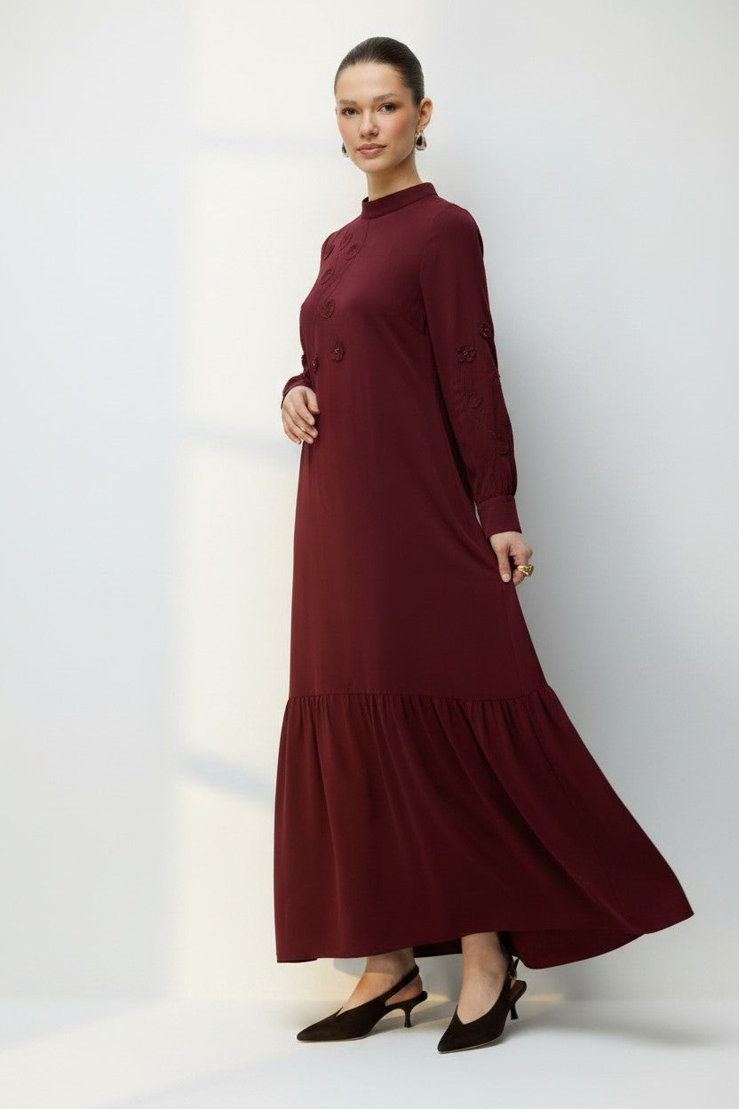Omzu Ve Kollari Nakışlı Elbise Bordo