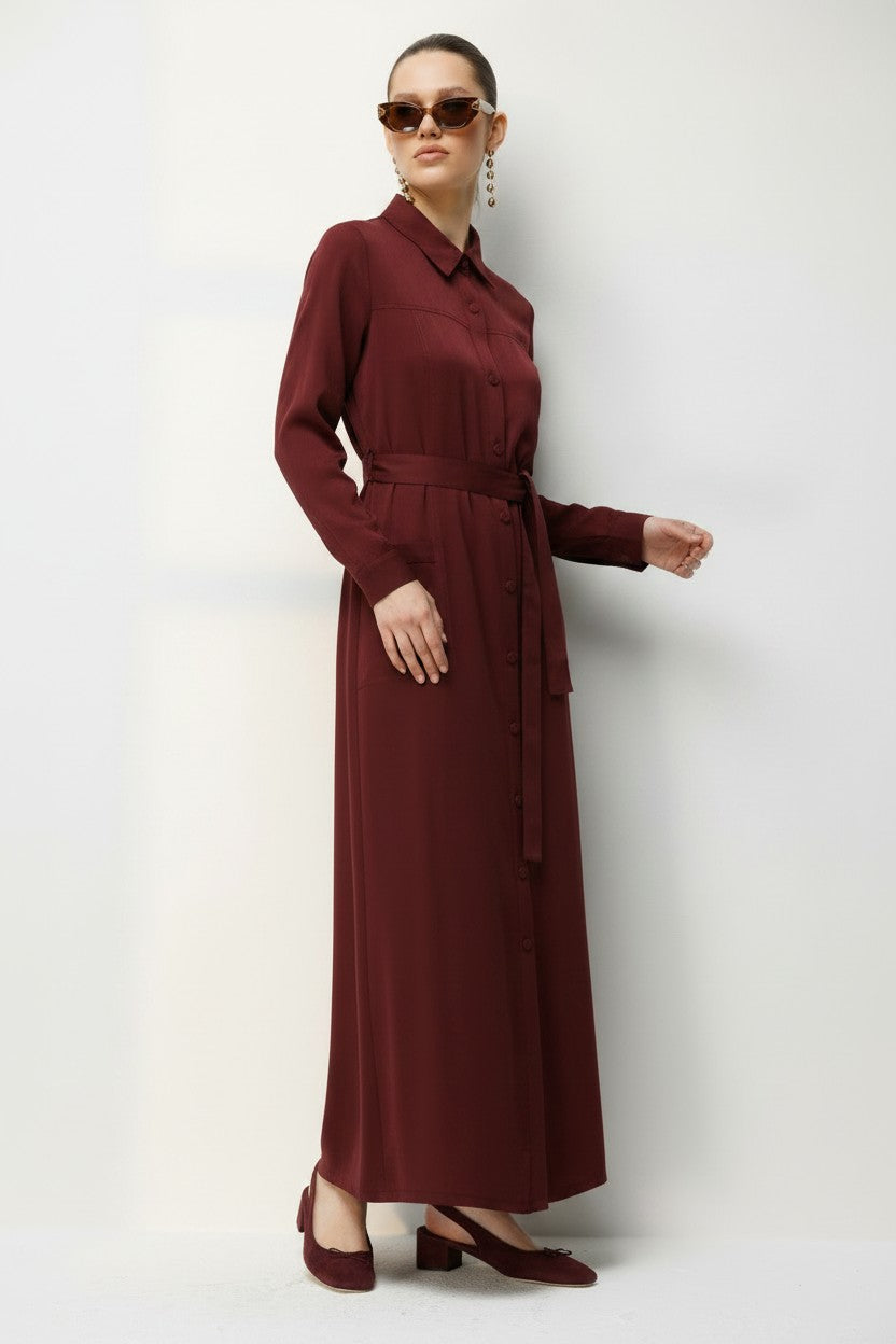 Torba Cepli Kemerli Elbise Bordo
